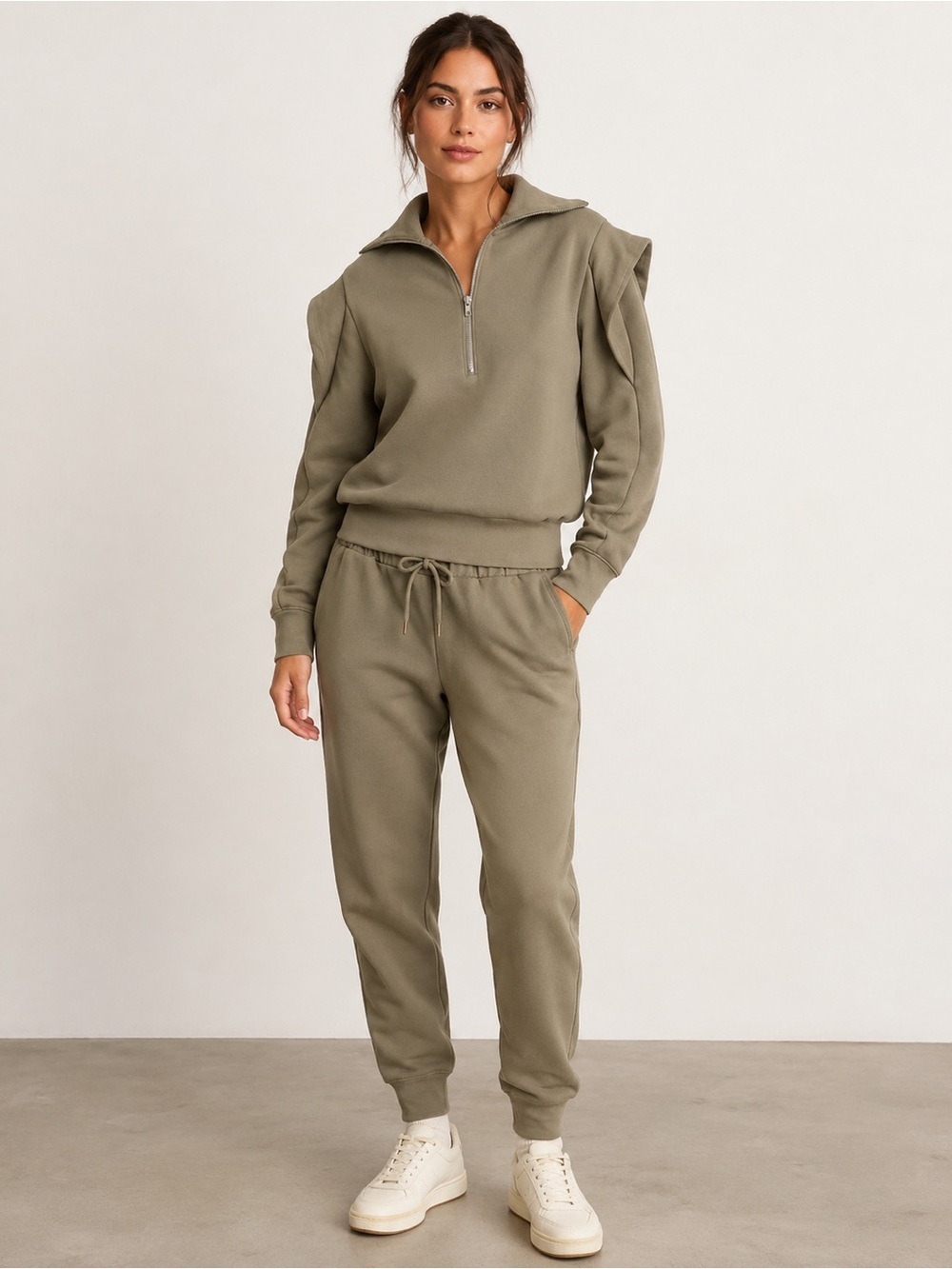 FRAME Half Zip Sweatshirt & Jogger Lounge Set Military Olive Green Size L